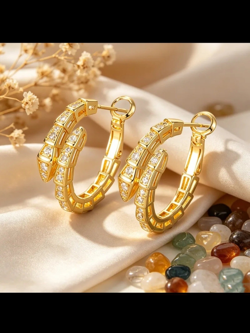 18k Gold Plate Snack Shape Crystal-Accent Hoop Earrings - Women Jewelry